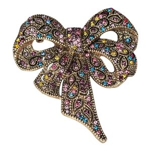 Vintage Gold Multicolor Rhinestone Ribbon Bow Brooch Pin Victorian Scarf Dress